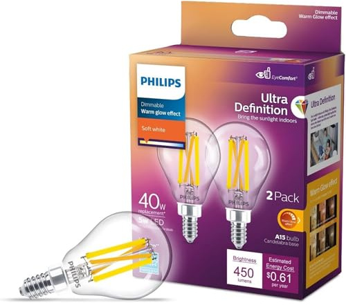 PHILIPS LED 40W A15 E12 Base 2-Pack Ultra Definition Soft White (2700K) 450 Lumen (5W = 40W) Dimmable Clear Flicker-Free Light Bulbs