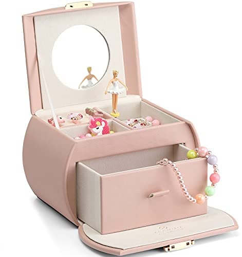 VLANDO Kids Musical Jewelry Box for Girls with Drawer, Music Box with Ballerina and Stickers for Birthday Bedroom Decor, Valentines Day Gifts for Daughter Girls Kids - Pink