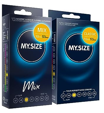 MY.SIZE Mix Premium Kondom Set, 10 Classic Kondome plus 10 Kondome in | 4 Varianten: Classic, Genoppt, Blau & Rot | Vorteilspackung | Größe 3, 53 mm