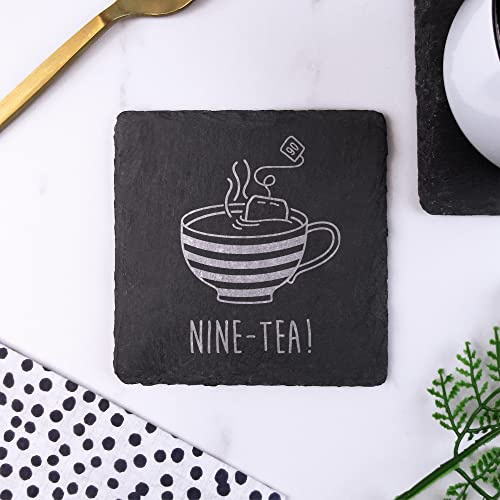 Engraved Square Slate Coaster -NINE-TEA Design - 90th Milestone Birthday Gifts for Men, Him - Ninetieth Gift for Friend, Grandad, Dad, Husband - Drinks Mat