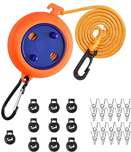 Deautie Ausziehbare Wäscheleine, 10 m, Nylon, Orange, Camping, Reise, Garten, Waschküche, Bad, Balkon, Hochfest, Anti-Rutsch, Winddicht, 14.9 x 11.2 x 5.7 cm, 200 g