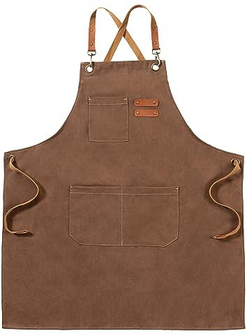 Marrón Delantales de Lona, Trabajo Delantales para Hombres y Mujeres, Ajustable Delantales de Chef con 3 Bolsillos, Delantal para Servidores, Cocina, Hornear, Artista, Pintura, Espalda Cruzada