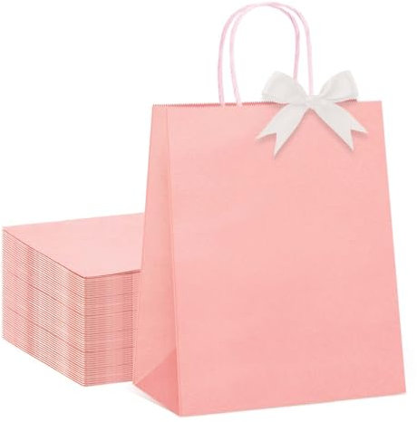Switory 50 Pcs Sacs en Papier, Sacs Cadeaux Rose Avec Poignées Tournantes, Petits Sacs Cadeaux en Kraft, Pour Fêtes , Anniversaires, Mariages, Noël, Vente au Détail (15x8x21 cm)