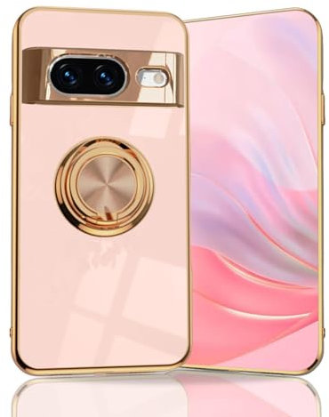 BORYA Coque pour Google Pixel 8, Très Mince Antichoc Premium TPU Bumper Souple Silicone Housse, Élégant Électrolytique Bord Or 360°Anneau Support Étui, Rose