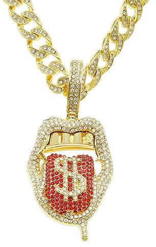 Dollar-Zungen-Halskette für Männer, Hip-Hop-Dollar-Zeichen-Halskette, Halskette mit Dollar Symbol-Anhänger und 19,7-Zoll-Kette, Punk-Rock-Dollarzeichen-Geld-Anhänger, Zeichen Kubanische Halskette