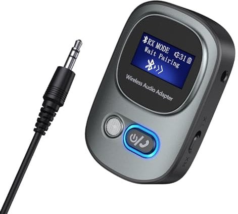 OQIMAX Bluetooth 5.3 Transmitter and Receiver, Audio Adapter with LED Display, Hand-Free Call, Support TF Card, Volume Control, Navigation, for PC, TV, Home Audio