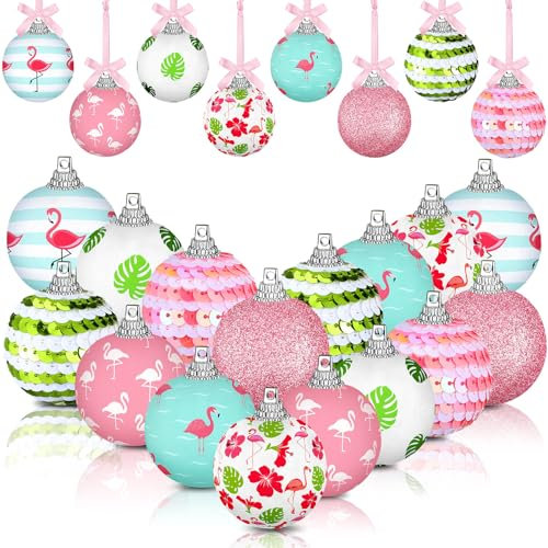 Zeyune 16 Stück Tropische Sommerkugel zum Aufhängen, Sommer-Flamingo, hängende Kugeln, Tropische Blätter, Baumschmuck, Palmen-Flamingos, Ornamente für Urlaub, Party, Gastgeschenke
