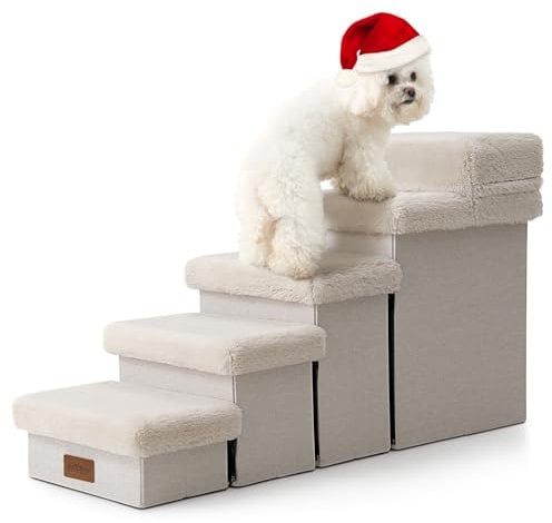 COZY KISS Escalera para Perros Pequeños con Almacenaje, Escaleras Plegable para Mascotas para Cama, Sofá y Silla, Durable, hasta 80kg (Beige, Extra Grande, 5)