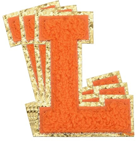 QUARKZMAN 3 Stück Buchstaben Aufbügeln, 80 mm Selbstklebende Chenille L | Buchstaben zum mit Glitzer-Goldrand, Gestickter Patch zum Aufbügeln für Kleidung, Taschen, Hut, DIY (Orange)