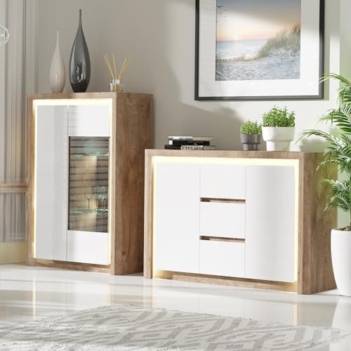 Lomadox Wohnwand Set 2-teilig Wohnzimmerschrank Vitrinenschrank Kommode Sideboard Wohnzimmermöbel Schrank modern in Eiche mit weiß