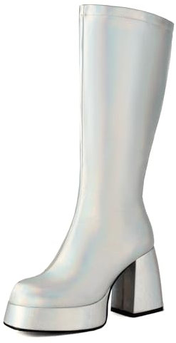 Voviggiw Silver Plateau Kniehoch Stiefel for Damen Chunky Heel Langschaft Stiefel Runde Zehen Gogo Stiefel