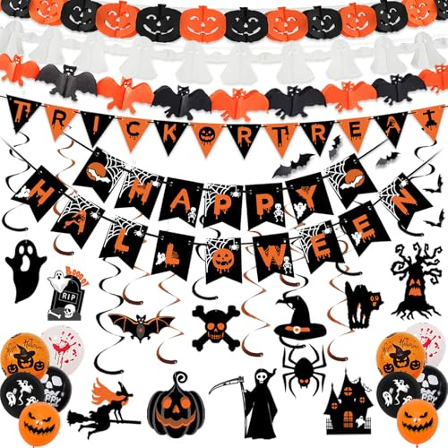 AMLOOPH Halloween Decorations Indoor Set - Happy Halloween Banner & Bunting | Reusable Halloween Hanging Pumpkin, Bat, Ghosts Bunting Garland, Trick or Treat Sign and Spooky Hanging for Party Decorations
