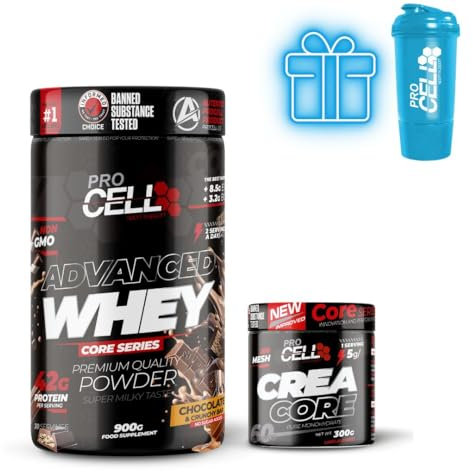 PACK Procell Proteinas Whey Advanced 900Gr (Chocolate & Crunchy Bar) + Creatina monohidratada 300Gr + Shaker REGALO Gana masa muscular, Fuerza, Resistencia, Tonificacion muscular, Recuperacion