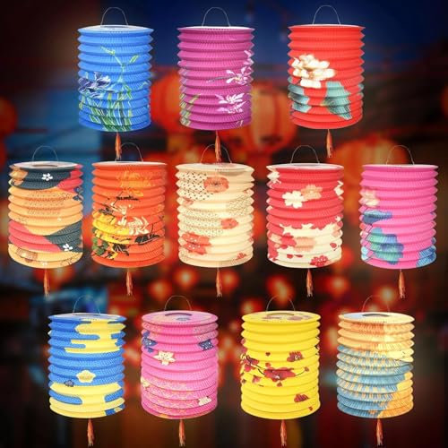 BUZIFU Lot de 12 Lanternes Chinoises en Papier Lanternes Papier Chinois Couleur Papier Lanternes Asiatique Suspension Abat Jour en Papier pour Le Nouvel an Festival de Printemps Mariage