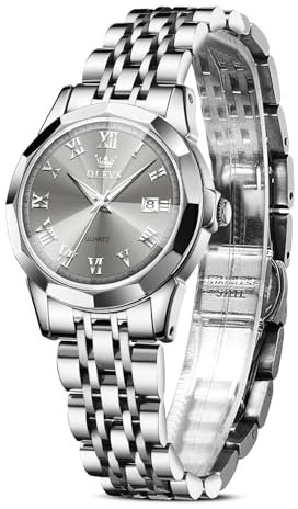 OLEVS Uhr Damen Silber Edelstahlband Analoger Quarz Damenuhr Klassisches Luxus Grau Kleines Gesicht Römische Ziffern Diamanten Uhr Damen Leuchtend Wasserdicht mit Datum Watches for Women