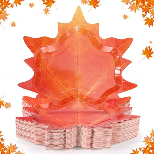 Piklodo 60 Pcs Fall Paper Plates Autumn Disposable Party Plates 9 Inch Dessert Plates Orange Paper Plates Maple Leaf Plates for Autumn Halloween Thanksgiving Harvest Dinning Party Favors