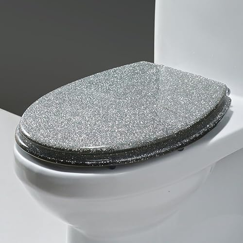 Giural Toilettendeckel Glitzer, Klodeckel Mit Absenkautomatik, Ovaler Glitzer-WC Sitz Mit Schnellverschluss, Toilettendeckel Mit Oberer Befestigung, Toilettensitz Aus Kunstharz, 36 X 42 Cm,Silber