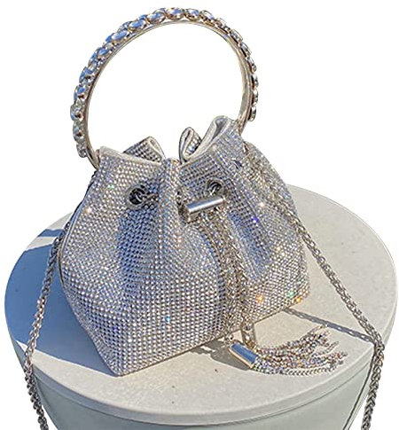 TOPALL Evening Bags for Women,Silver/Gold/Black Glitter Clutch Bags for Women,Rhinestone Bag,Sequin Sparkly Diamante Women's Handbags Purse for Evening Prom Wedding Party Banqueta (Bucket-Silver N)