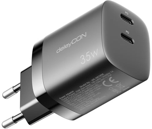 deleyCON Cargador USB C (2 Puertos Rápido Compacto de 35 W) Adaptador de Corriente USB-C para iPhone 16/15/14/13/12/11 iPad S25/S24/S23 Pixel Teléfono Móvil Cargador PD 3.0 - Negro
