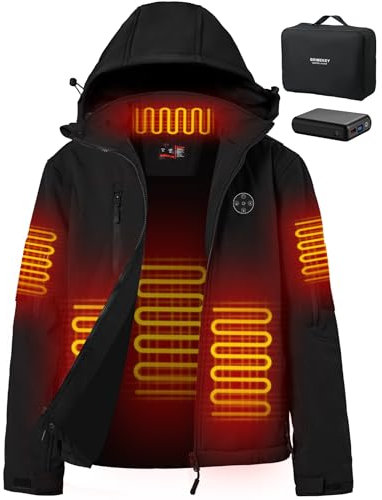 Brimekey Beheizbare Jacke Damen mit Fleece Futter, 12000mAh 7.4V Akku 6 Einstellbare Heizzonen & 3 Temperaturstufen - Wasserdicht & Winddicht für Skifahren, Camping, Angeln - Abnehmbare Kapuze