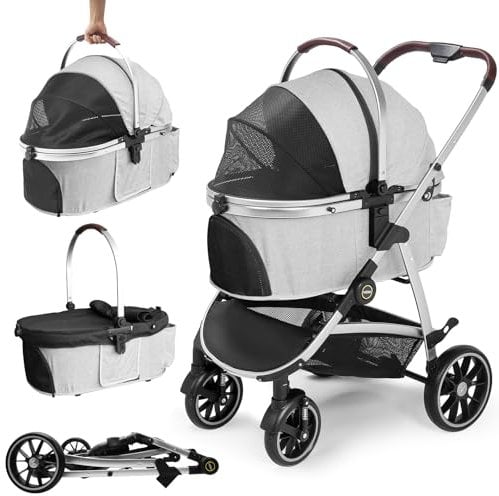 DAISTERN Hundebuggy Hundewagen Klappbar bis 25KG, Hundetrolley Faltbar mit Rahmen aus Aluminiumlegierung, 360° drehbare Gummireifen, Hinterradbremsen, Sicherheitsleine und Bequemes Sitzkissen Grau