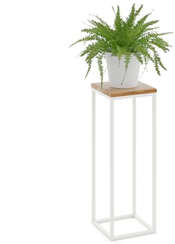 LAMO Manufaktur 70 cm Support Plantes | Piédéstal pour Plantes | Porte-plantes Interieur Cadre Blanc Gris | Plateau 100% Bois Massif Couleur: Rustique