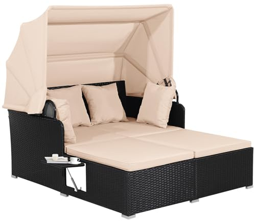 COSTWAY Lettino Prendisole per 2 Persone da Esterno in Rattan, Beige | Divano Letto Matrimoniale con Tettuccio Retrattile e Cuscini, Isola Prendisole per Giardino, Cortile, Balcone