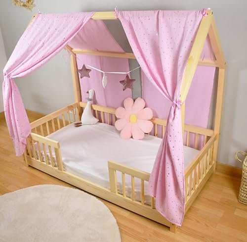 YellowNest Hausbett Himmel (2er Pack) - 100% Baumwolle - Betthimmel Hausbett aus Musselin (2er Pack) - Himmelbett Vorhänge für Bett 70x140 cm (Rose, 62 x 270 (2er-Set))