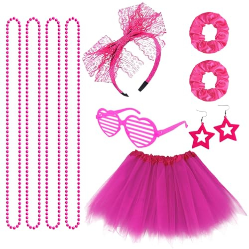 SAIIURV 10 Stücke 90er 80er Jahre Outfit Mädchen 80er Kostüm Accessoires Set mit Tutu, Stirnband, Ohrring, Halskette, Kostüm Neon Accessoires Party, 80 Jahre Outfit Party Mädchen Kinder (Rosenrot)