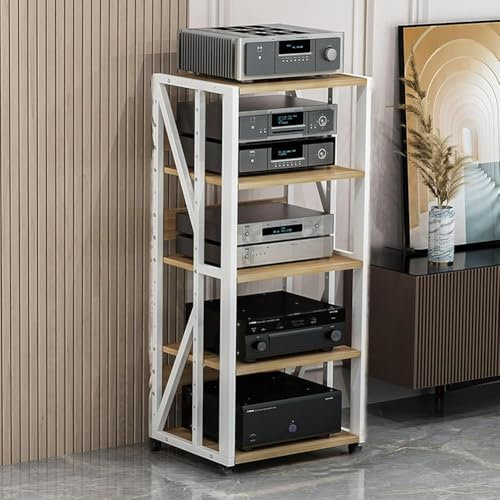 MegLob AV Media Stand with Wheels, Rolling Game Console Shelf, Mobile AV Media Corner Shelf, Stereo Rack and Game Console Stand, Media Storage Cabinet, Stereo Audio Component Rack,White 50x40x109cm