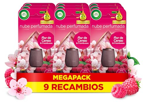 Air Wick Essential Mist - Recambio de Ambientador Difusor de Aceites Esenciales con Aroma a Flor de Cerezo & Frambuesa, 9 x 20ml