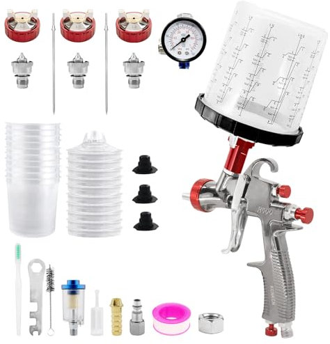 KCNKCN R500 LVLP Air Spray Gun with 650ml Mixing Cup& 10x Disposable Cups, 1.3/1.7/2.0mm Nozzles Paint Gun Sprayer, Automotive Paint Guns for House Painting, Car, Furniture, Fence, Varnish& Top Coat