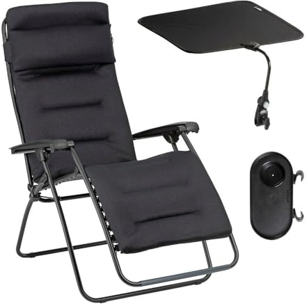 Lafuma - Ensemble Fauteuil Relax matelassé avec Ombrelle et Porte-Gobelet | Fabriqué en FRANCE - Garantie 5 ans - Noir - Maintien ferme de tout le dos, Matelas grand confort 3 épaisseurs 3D mesh ultra