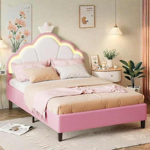 Yeutre Lit Enfant Fille 90x200, Lit Simple Rembourré avec Tête de Lits LED Réglable en Hauteur en Forme de Couronne, Sommier à Lattes, Lits Fille Rose 1 Personne pour Enfants & Adultes, PU