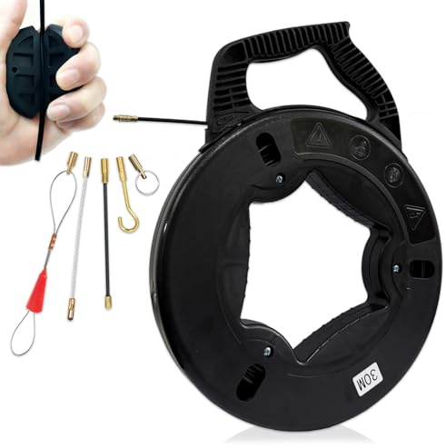 30m Fiberglas Kabelziehhilfe Kabeleinziehhilfe Fish Tape mit Kupferkopf und 6 Zubehöre Kabel Einzugshilfe mit Flexible Einziehfeder Gehäuse und Handgriff für Elektroarbeiten Leerrohr Kabelverlegung