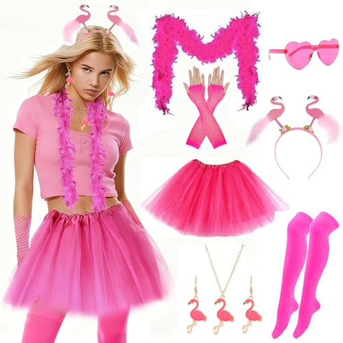 Flamingo Kostüm Damen, Pink Flamingo Outfit, mit Flamingo Haarreif, Brille, Federschal, Handschuh, Kniehohe Socken, Halskette, Ohrringe und Pinker Tüllrock, für Erwachsene Karneval Fasching Mottoparty