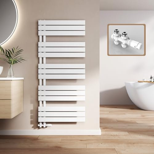 EMKE Badheizkörper mit Multiblock 1320x600 mm, Flach Handtuchheizkörper mit Seitenanschluss, Effizienter Handtuchwärmer Handtuchtrockner Heizkörper für Bad, Weiß, 798W