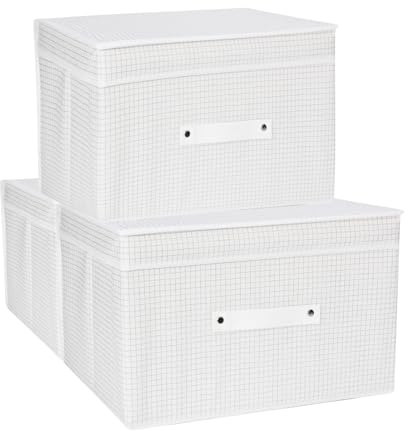 HNYQQL Aufbewahrungsfächer mit Deckeln 3 Packung,Stoff Aufbewahrungskorb für klappbare mittlere Leinwand Aufbewahrungskörbe für die Organisation Regal Kindergarten Home Schrank (Weißes Gitter-3PCS)