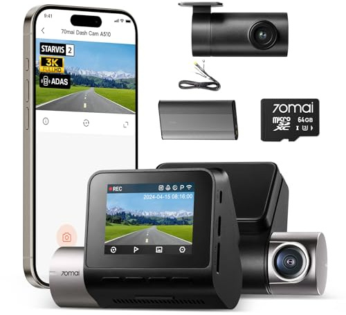 【70mai A510 Dashcam + 64GB SD Karte + Akku Pack BL96NNX】 70mai Dashcam Auto Vorne Hinten A510, HDR Nachtsicht, Parküberwachung, GPS, G-Sensor, ADAS, Loop-Aufnahme, App-Steuerung