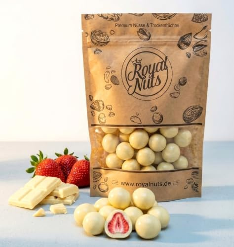 ROYALNUTS Gefriergetrocknete Erdbeeren in weißer Schokolade – knackig | Gefriergetrocknete Erdbeeren umhüllt von feiner weißer Schokolade – knackig-fruchtige Praline für Gourmets