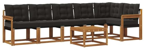 PUGYNBK Ensemble de canapé 7 pièces en bois d'acacia avec coussins pour jardin, terrasse et piscine, tons marron naturel, assise en textilène, coussins résistants aux intempéries avec housses