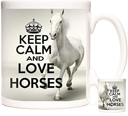 Horse Gift Mug, Keep Calm and Love Horses. Images of White Horses on an 11oz Ceramic Gift Mug.
