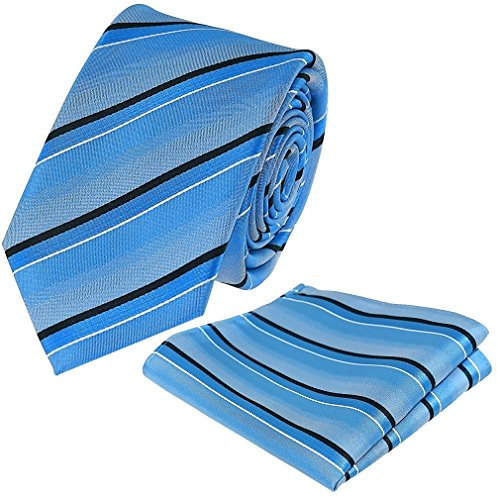 Louis Binder de Luxe Krawatte mit Einstecktuch 2er Set Schlips Tie Necktie hell blau gestreift