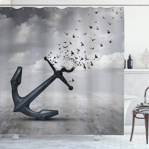 ABAKUHAUS Anker Duschvorhang, Fliegende Möwen Dunkelgrau, mit 12 Ringe Set Stielvoll Modern Farbfest und Schimmel Resistent, 175x240 cm, Dunkelgrau