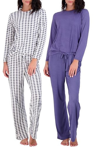 Real Essentials 2er-Pack: Damen-Pyjama-Set, superweich, kurz- und langärmelig, Oberteil mit Hose (in Übergröße erhältlich), Langärmeliges Set D, S