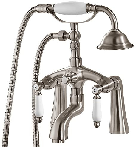 Aolemi Deck Mount Brushed Nickel Bathtub Faucet 2 Hole 6 Inch Center with Handheld Shower Clawfoot Tub Filler Double Lever Handle Mixer Tap Victoria Vintage Telephone Shape Shower Set