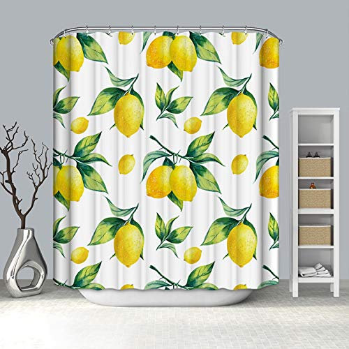 Rubyia Duschvorhang 90x180, Zitrone 3D Muster Anti Schimmel Duschvorhang, Polyester, Weiß Gelb
