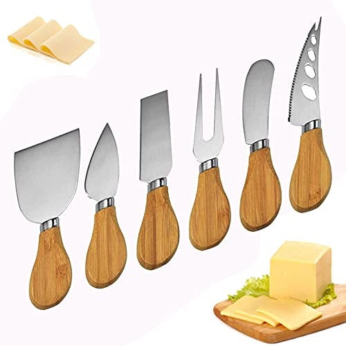 ConBlom Bambus Käsemesser Set 6-teiliges, Luxus Käsemesser aus Edelstahl Premium Käsemesser mit Holzgriff Edelstahl Käsehobel für Charcuteriebretter