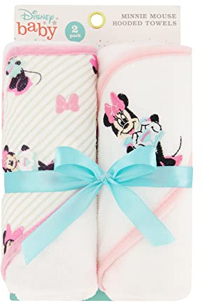Disney Cudlie Baby Girl Minnie Mouse 2 Pack Rolled/Carded Hooded Towels in Tiny Stripe Print