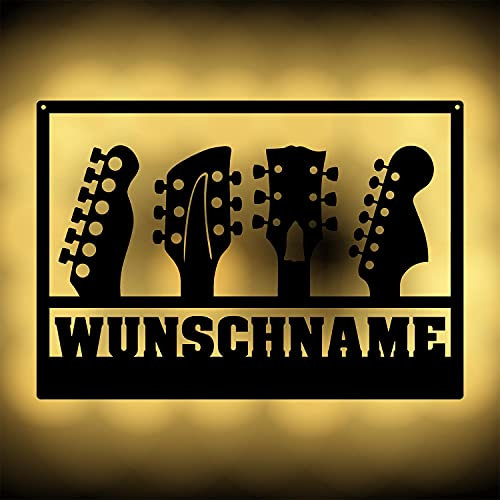 Gitarren Holz Deko Wand-Lampe Nachtlicht Dekoration Geschenke personalisiert mit Namen für Musiker Gitarristen I Batteriebetrieb